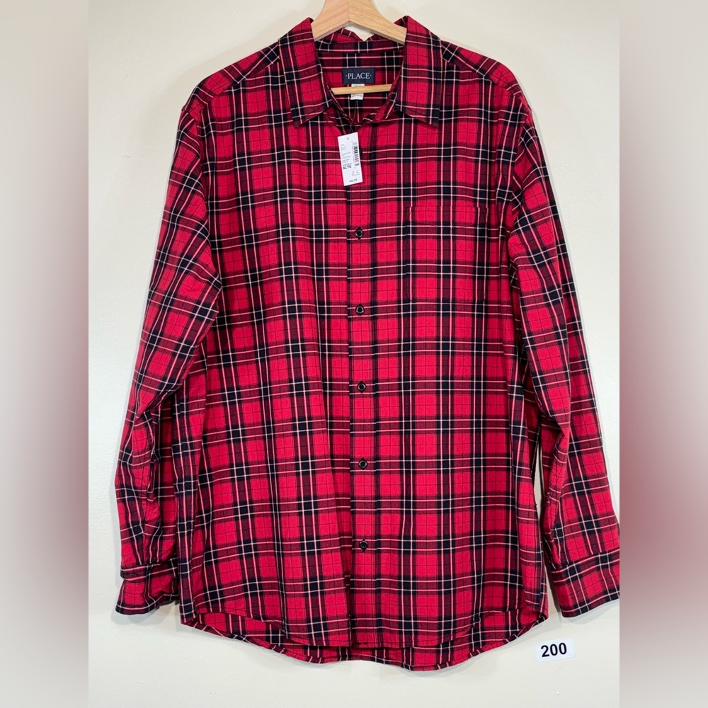 NWT Children Place Red and Black Plaid Men's Button Down Shirt Size XL